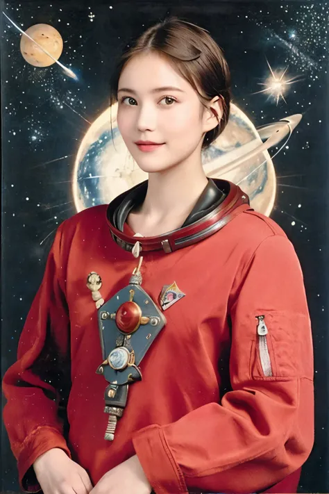 294 (20-year-old woman,short hair,20-year-old male), (A kind smile), ((Spaceship,captain)), (colorful), (Leonardo da Vinci paintings), flower, Space Suit, Pirate Ship, nebula, milky way