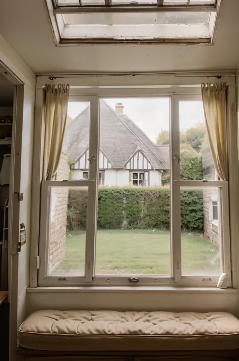 A picture, facing a little vintage cottage window, from the inside, the window is old but still in a good shape