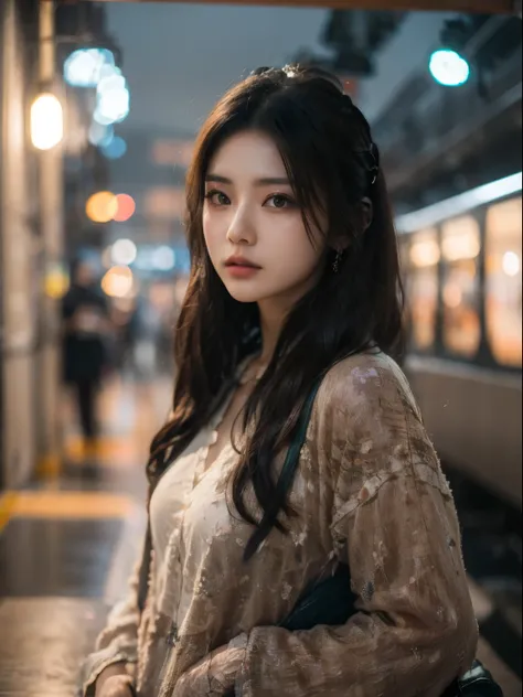 cinematic photo of a beautiful korean fashion model bokeh train