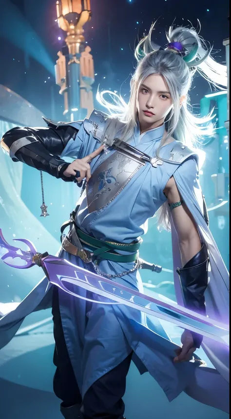 male, long and silver hair, control swords, blue, green, red, purple swords