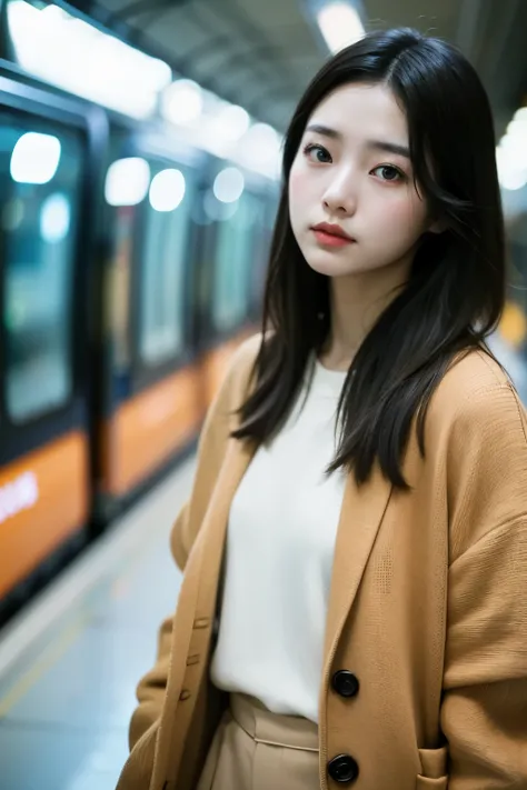 Cinematic Photo of a beautiful korean fashion model bokeh train