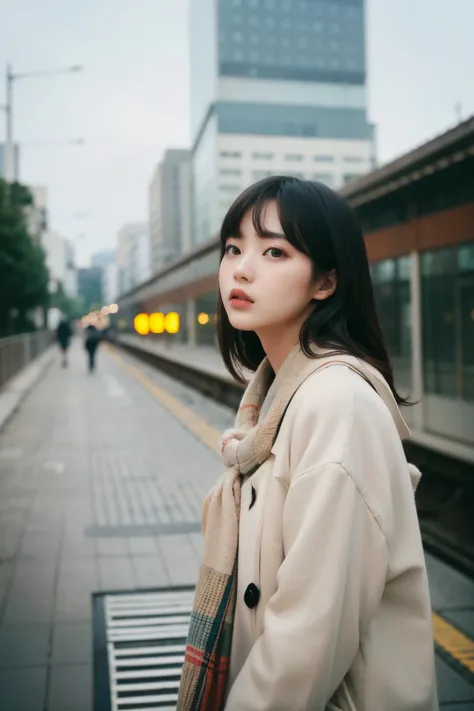Cinematic Photo of a beautiful korean fashion model bokeh train