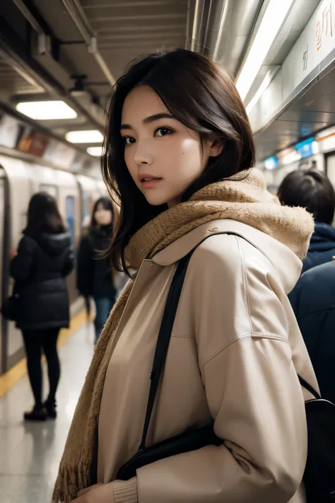 absurdres, 1girl, famai, lifelike rendering, chestnut, cowboy shot, side view, looking at viewer, evening, night shot,
a girl inside a subway station, subway train passing behind her, motion blur, (film grain:1.4), winter jacket, scarf, Radiant Comfort, Go...