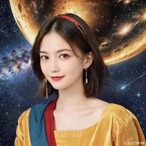 294 (20-year-old woman,short hair,20-year-old male), (A kind smile), ((Spaceship,captain)), (colorful), (Leonardo da Vinci paintings), flower, Space Suit, Pirate Ship, nebula, milky way