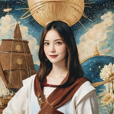 294 (20-year-old woman,short hair,20-year-old male), (A kind smile), ((Spaceship,captain)), (colorful), (Leonardo da Vinci paintings), flower, Space Suit, Pirate Ship, nebula, milky way