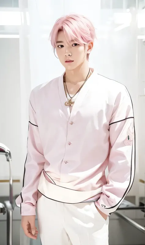 For a handsome Korean man, with pink hair, a white shirt and yellow pants