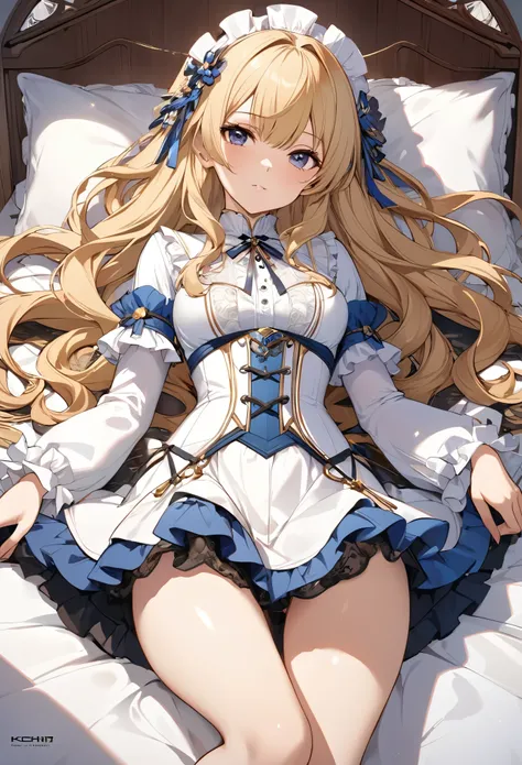 (((nsfw))),Seductive scene of a young woman lying with her legs apart on a luxuriously decorated bed, she was adorned with hair accessories、, Wavy Blonde Hair..Super mini skirt with frills, sheの表情は自然だ, Calm expression. she is wearing a mini skirt with deco...