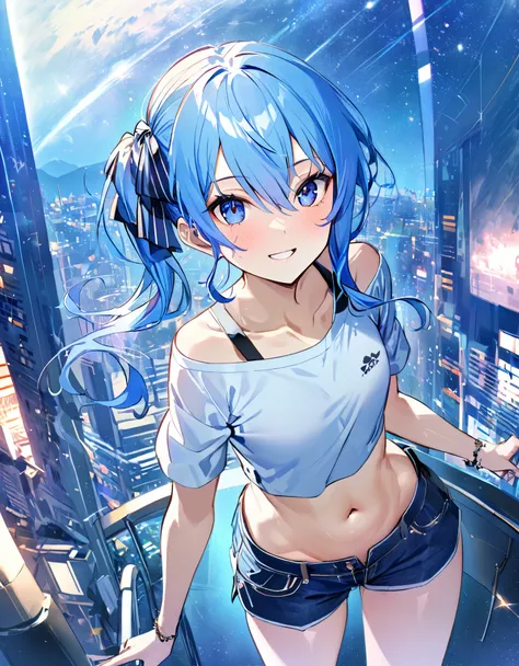 (8k、best image quality、highest quality、masterpiece)、detailed face、 1teen_girl、blue hair、long hair、sideponytail、dark_blue_eyes、sm...