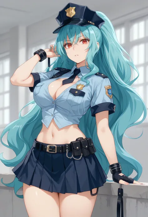 long hair aqua hair ponytail red eyes,slit pupils,police,policewoman,police uniform,police hat,cuffs,cuffed,sexy police uniform,big breast,midriff,navel,mini skirt
