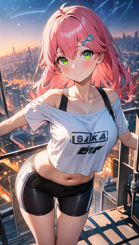 (8k、Best image quality、highest quality、masterpiece)、Detailed face、 1teen_girl、pink Hair、Long Hair、green_eyes、smile,(navel_peek)、(large_breasts),(White_short_T-shirt:1.5)、Off the shoulder、Black shoulder straps、(short_bike_shorts)、City Background, starry_sky...