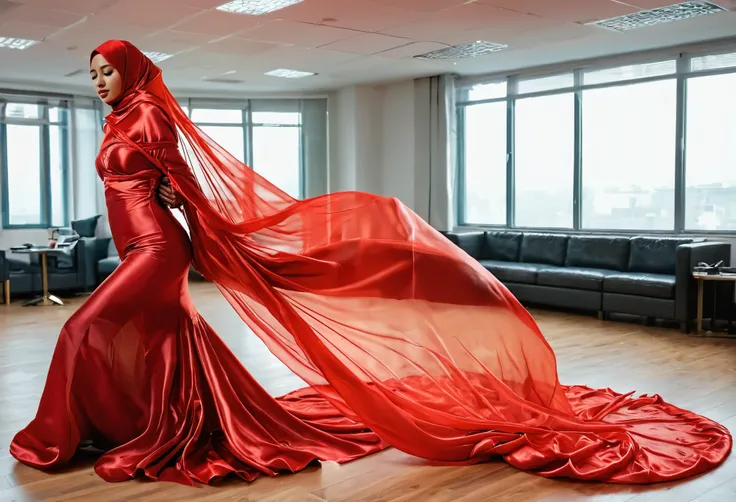 A woman shrouded in a 8-meter-long, plush red transparent satin cloth, tightly bound and grandly draping along the form of her body, flowing off into a pooled floor-length train, styled in a mermaid-inspired outfit, her head modestly veiled in a satin hija...