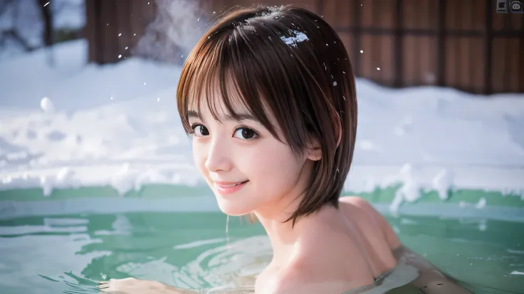 (Profile shot of a naked slender small chest round face brown short hair with bangs girl:1.5)、(Naked girl is soaking in a deep steam mist Japanese onsen outdoors with a shy smile:1.5)、(Outdoor Japanese onsen with snow landscape:1.5)、(blurred background:1.5...