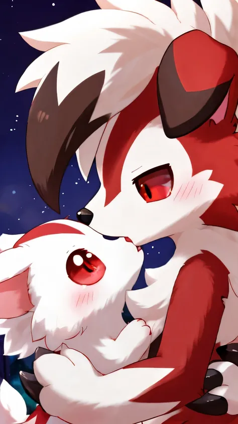 by: nakimayo，， midnight lycanroc ,Frontal，french kissing，(red eyes: 1.5)，
