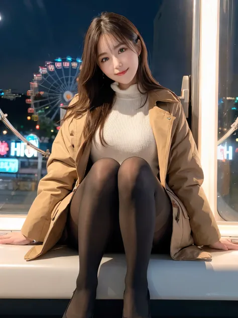 Ulzzang-6500-v1.1, (RAW Photos:1.2), (Photorealistic), Beautiful detailed girl, (Genuine: 1.4), Very detailed目と顔, Beautiful detailed eyes, ((Sitting in the Ferris wheel at night:1.3)), ((Thick coat:1.3, Ultra-realistic pantyhose:1.2))、Selfie、Instagram、Larg...