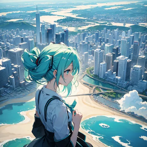 hatsune miku, wind effect, over town,