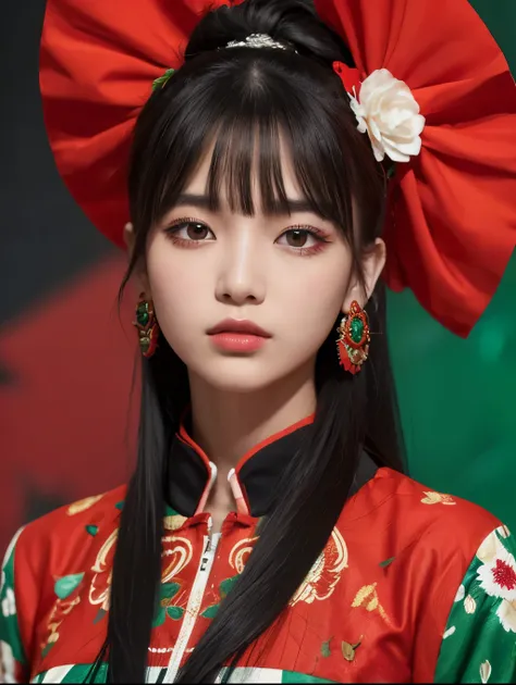 A detailed portrait of a young woman with a sharp, intense gaze. She has long, straight black hair styled in a sleek ponytail with straight bangs framing her face. The woman is wearing a form-fitting, black traditional-style outfit with intricate red flora...