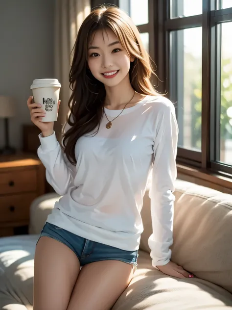 misakiai,morning sunlight, a young woman smiling and energized, mid-week motivation, casual outfit, fresh and vibrant morning, soft natural light filling the room, positive and uplifting atmosphere, cozy and modern interior, coffee cup in hand, bright and ...