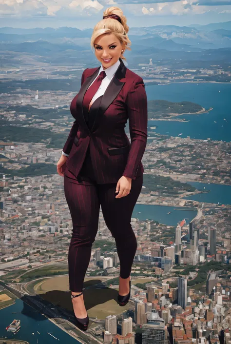 Giantess art, giga giantess in distance walking on through city, multiple women with beautiful curves, massive thighs, blonde hair in a fishtail braid, lipstick, wearing a perfect form-fitting crimson pinstripe trouser suit and blazer, crisp white shirt, a...