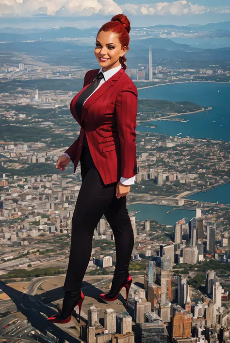 Giantess art, giga giantess in distance walking on through city, multiple women with beautiful curves, massive thighs, ginger hair in a fishtail braid, lipstick, wearing a perfect form-fitting red pinstripe trouser suit and blazer, crisp white shirt, and a...