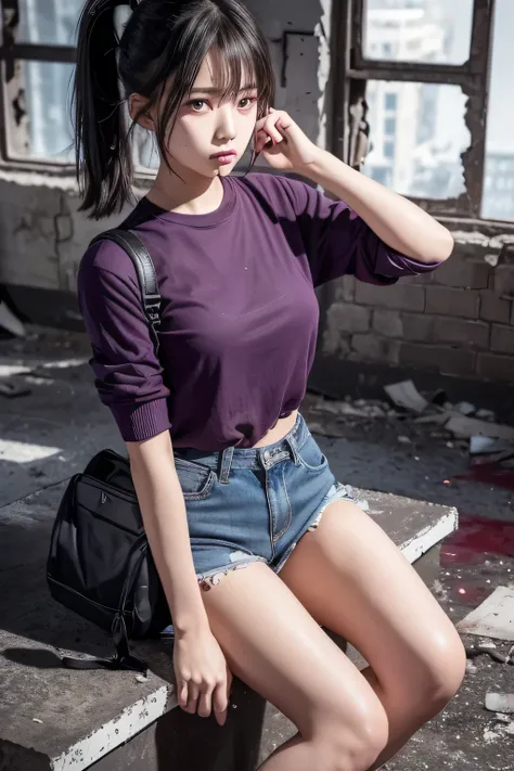 a lone survivor girl, walks through the destruction as she is sitting in an abandoned factory. ponytail girl with beautiful bang, blood stain on her purple sleeve shirt she wears ripped short pants as she is holding her knife she is resting on the wall, he...