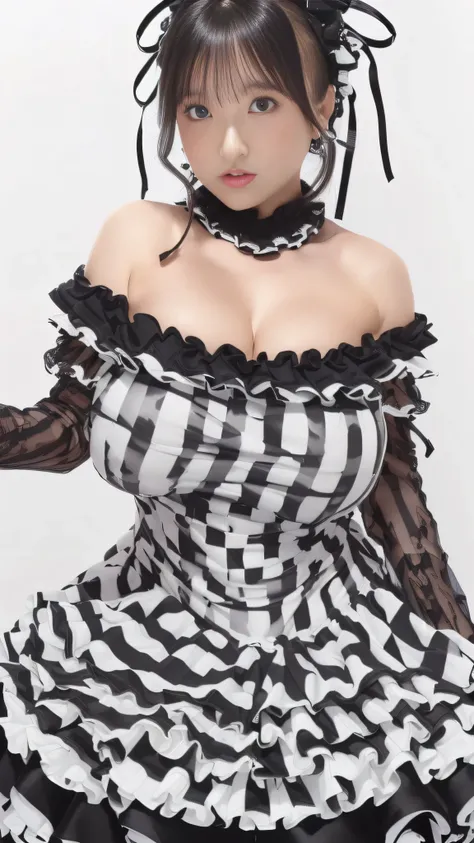 ((Best Quality, 8k, Representative works in detail, Ultra-high resolution)), (View your viewers:1.5), (whole body:1.5),((thin:1.4)),((Anatomically correct)),((Black and white checked tight dress)),((Very large breasts)),(((A dress that strongly emphasizes ...