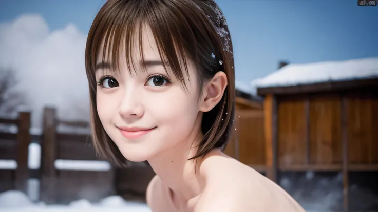 (Profile shot of a naked slender small chest round face brown short hair with bangs girl:1.5)、(Naked girl is soaking in a deep steam mist Japanese onsen outdoors with a shy smile:1.5)、(Outdoor Japanese onsen with snow landscape:1.5)、(blurred background:1.5...
