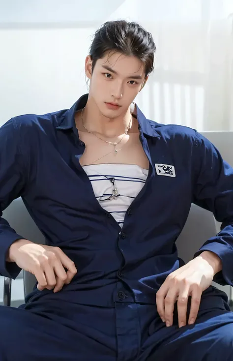 Make a Korean man sit, wearing a blue shirt, short black hair