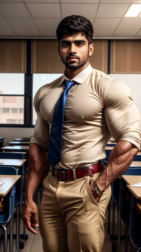 A indian gurjar muscular mature school student man little beared standing in classroom, seductive, realistic photography, detailed style, functional and elegant look, in style of realistic, crisp details, hd, hdr, D750F nikon camera photography 