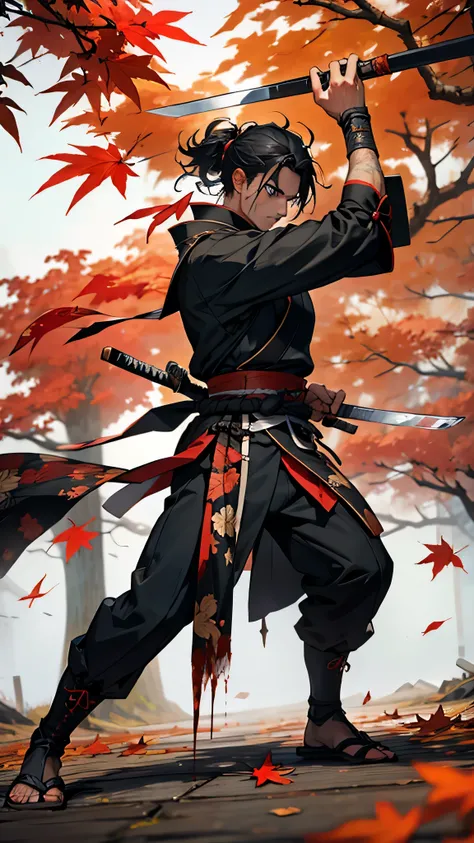 最high quality、Best image quality、masterpiece、male((samurai、Black Hair、thin、Show the whole body、blue eyes、Muscular,Japanese Sword、Fighting pose、Slash、Blood splatter、)）high quality、Beautiful art、background((Japan、Blood splatter、Blood splatter、autumn leaves))...