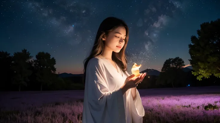 An ethereal nighttime scene where a young woman, dressed in flowing traditional robes, cradles a radiant, glowing bird in her hands. The bird emits a brilliant golden light, casting a soft glow over her serene face, her eyes closed in peaceful reflection. ...