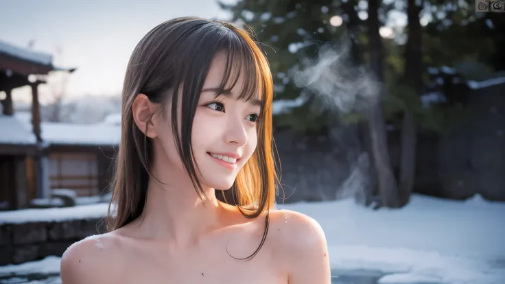 (Profile shot of a naked slender small chest half up blonde long hair with bangs girl:1.5)、(Naked blonde hair girl is soaking in a deep steam mist Japanese onsen outdoors with a shy smile:1.5)、(Outdoor Japanese onsen with snow landscape:1.5)、(blurred backg...