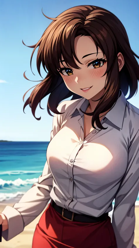 （（super high quality,Ultra-high resolution,16k,super masterpiece,Ultra HD ,Detailed shading,））Shooting from below,One sexy mature woman,（A light pink shirt with an open collar,Folded sleeves,Red pencil skirt,）Thick lips,Lewd smile,blush,Sunset beach,The wi...