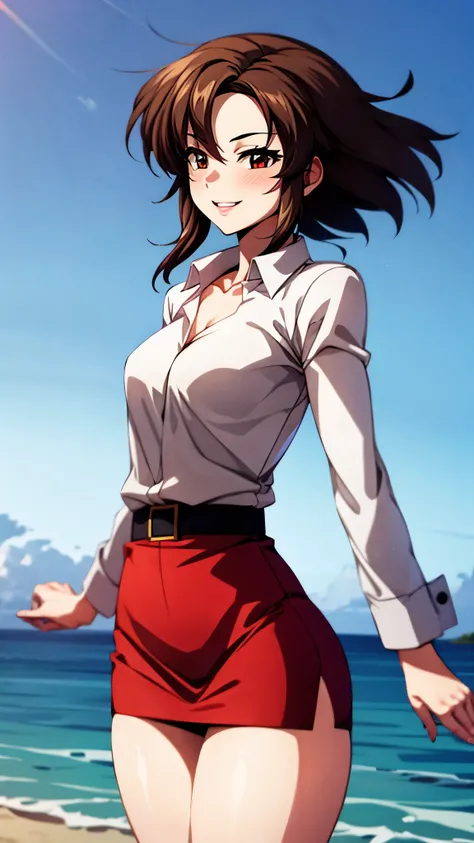 （（super high quality,Ultra-high resolution,16k,super masterpiece,Ultra HD ,Detailed shading,））Shooting from below,One sexy mature woman,（A light pink shirt with an open collar,Folded sleeves,Red pencil skirt,）Thick lips,Lewd smile,blush,Sunset beach,The wi...