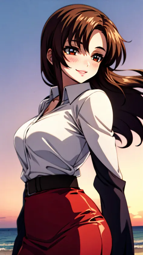 （（super high quality,Ultra-high resolution,16k,super masterpiece,Ultra HD ,Detailed shading,））Shooting from below,One sexy mature woman,（A light pink shirt with an open collar,Folded sleeves,Red pencil skirt,）Thick lips,Lewd smile,blush,Sunset beach,The wi...