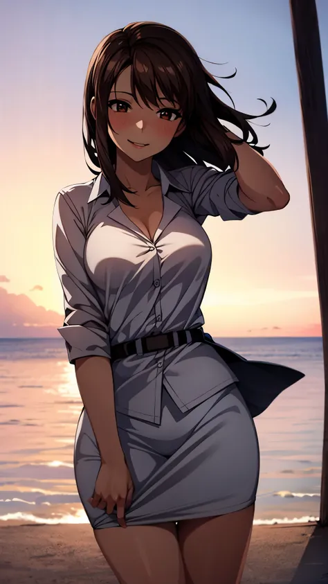 （（super high quality,Ultra-high resolution,16k,super masterpiece,Ultra HD ,Detailed shading,））Shooting from below,One sexy mature woman,（A light pink shirt with an open collar,Folded sleeves,Red pencil skirt,）Thick lips,Lewd smile,blush,Sunset beach,The wi...