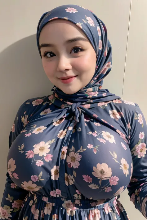 Jumbo (Dress), Chubby adorable, 1 girl, (face to face), ((baby face)), happy, half body portrait, (face details: 1), (eye details: 1), ((big breasts)). wearing soft long shirt, hijab, .. Cute posed. proportional body. Ultra High Res. realistic: 1.4, UHD, (...