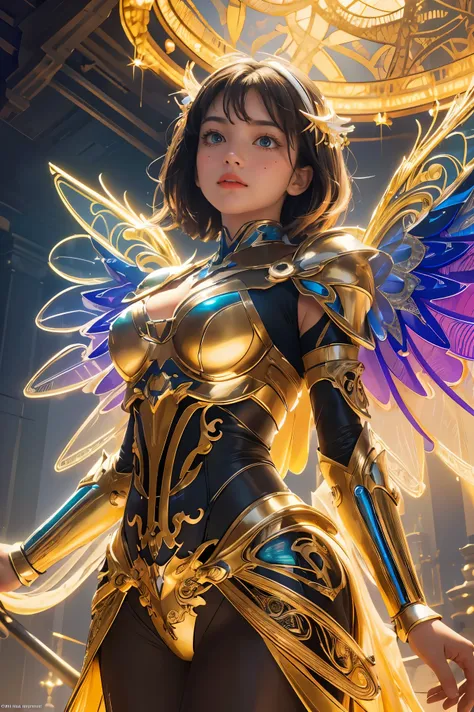 (best quality, masterpiece, colorful, dynamic angle, from below, highest detailed)upper body photo, full body photo, fashion photography of cute mechangel, glowing 4 wings, solo, glowing armor, glowing halo, building, glowing mechanical 4 wings (intricate ...