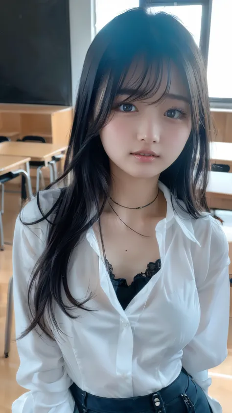 long neck,white shirt bursting chest,best quality,ultra-high resolution,1 person,whole body,black hair, bangs, cool look,looking...