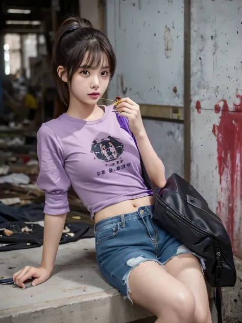 a lone survivor girl she is sitting in a destroyed factory opening her bag. ponytail girl with beautiful bang, blood stain on her purple sleeve shirt she wears ripped short pants she is resting on the wall while taking out few food from her bag cute face, ...