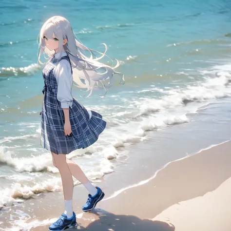 1 girl、((solo))、Long Hair、Silver Hair、Green Eyes、Navy Check Dress、White Shirt、Blue Shoes、White socks,Standing posture、Seaside、Natural Light、