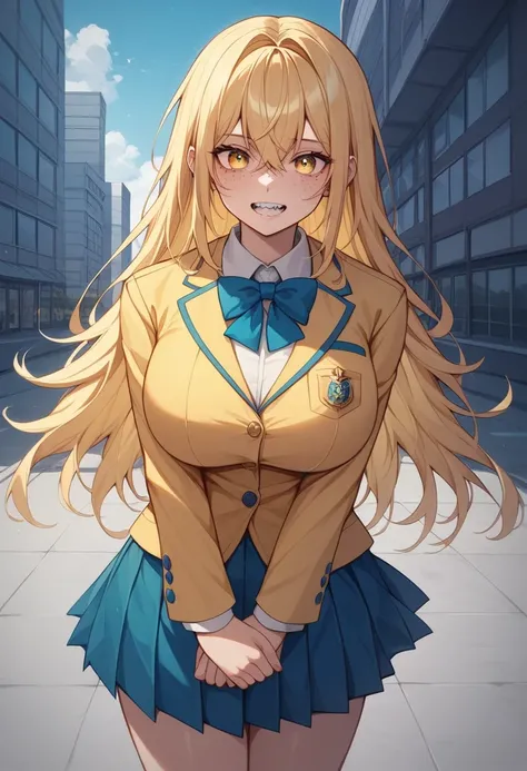 masterpiece, Best Quality, {Best Quality}, {{masterpiece}}, {High resolution}, concentrated, Japanese anime style, Blonde Japanese schoolgirl, Girl Design, Portraiture, Anime illustrations, Long Hair, Straight eyes, Unyielding Eyes、Fold your arms under you...