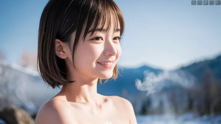 (Profile shot of a naked slender small chest round face brown short hair with bangs girl:1.5)、(Naked girl is soaking in a deep steam mist Japanese onsen outdoors with a shy smile:1.5)、(Outdoor Japanese onsen with snow landscape:1.5)、(blurred background:1.5...