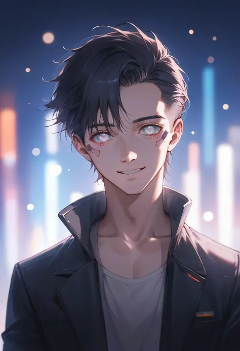 (High resolution:1.2), masterpiece, 1boy, 1male, black-haird, cyberpunk, full figure, short stylish hair, masterpiece, in anime style, no beard.,(bokeh,Vivid colors,Studio lighting),(sharp focus),(average:1.1),beautiful and detailed eyes, clear eyes, warm ...