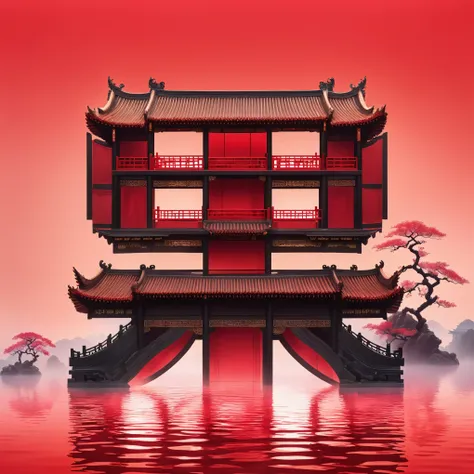 red聚氨酯塑料模型: Red and black temple，Translucent water style, Fun illustrations, red, Subtle color gradient, Fun, Dreamlike scene, Chinese Punk, Rococo Art and Design, Sublimation of form