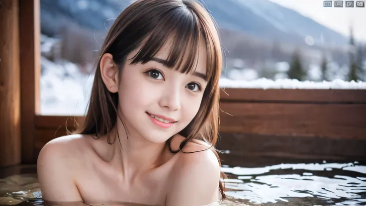(Profile shot of a naked slender very small flat chest red brown wavy long hair with dull bangs girl:1.5)、(Naked girl is soaking in a deep steam mist Japanese onsen outdoors with a shy smile:1.5)、(Outdoor Japanese onsen with snow landscape:1.5)、(blurred b...