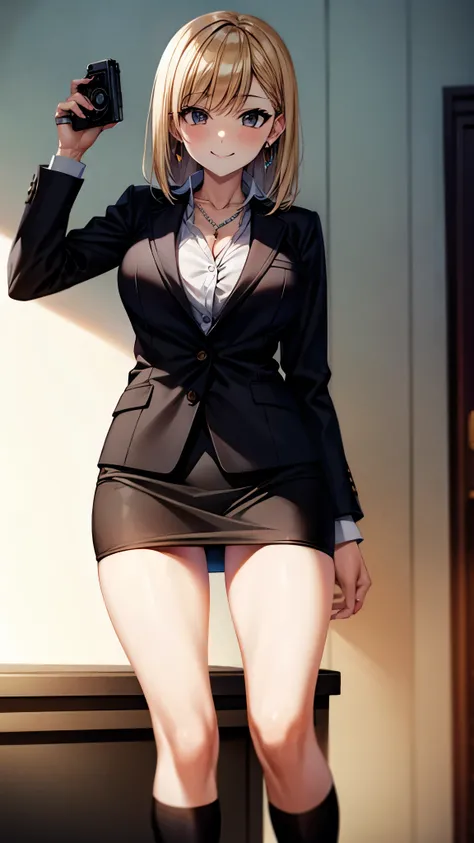 （（super high quality,Ultra-high resolution,16k,super masterpiece,Ultra HD ,Detailed shading,））Standing posture,Shooting from the front,One sexy office lady,White dress shirt with open collar,Black business suit,Black tight skirt,Black knee socks,smile,neck...