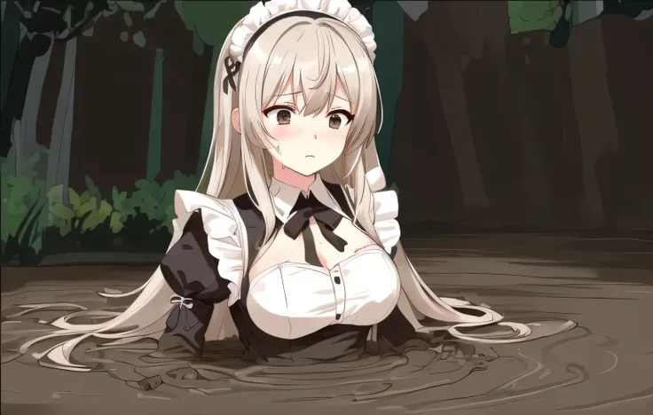 best quality,ultra-detailed illustration anime style,1girl,maid outfit,sinking in brown mud,her body sank to her Breasts white long hair,determined expression,intense eyes,dynamic angle, her chest bigsize 4K resolution,muddytexture,muddy splashes,dramatic ...