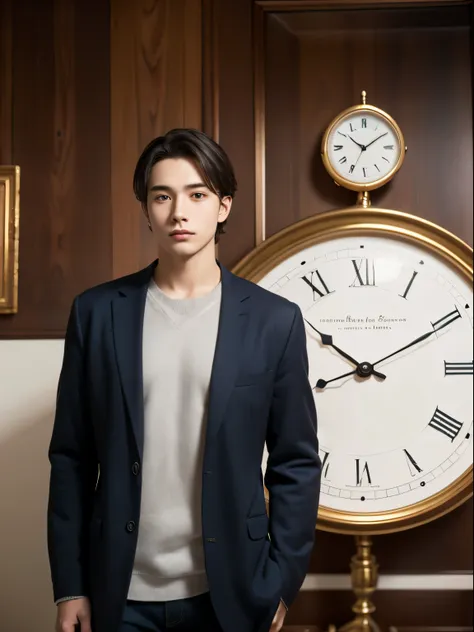 young man surrounded by clocks，time travel to the future