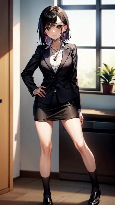 （（super high quality,Ultra-high resolution,16k,super masterpiece,Ultra HD ,Detailed shading,））Standing posture,Shooting from the front,One sexy office lady,White dress shirt with open collar,Black business suit,Black tight skirt,Black knee socks,smile,neck...