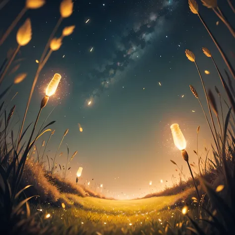 Fireflies in the grassland: The fireflies that light up the grassland、Creates a magical and enchanting atmosphere. The soft light against the dark background is mesmerizing and romantic..